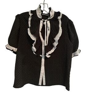 BELCANTO Ruffle Polka Dot Blouse Pleated Peekaboo Balloon Sleeve Size M Vintage